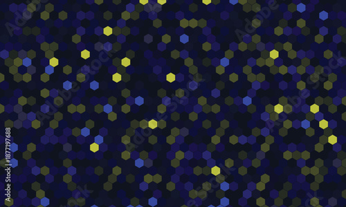 Abstract digital pattern featuring blurred hexagonal shapes in yellow and blue creating a modern bokeh effect for technology backgrounds and concepts