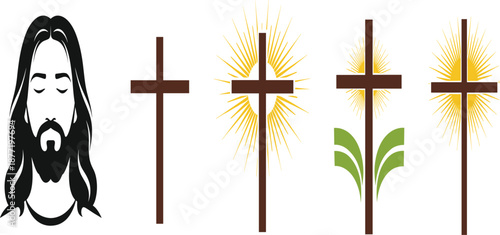 Set of Christian Cross Icons with Sunburst and Jesus Christ Portrait Illustration for Religious Faith and Spirituality Design.