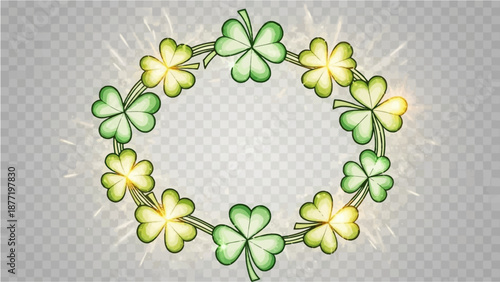 A glowing circular wreath made of green shamrocks and clovers, perfect for St. Patrick's Day celebrations.
