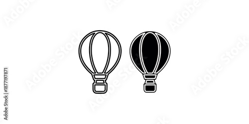 Hot air balloon vector icon set, isolated air balloon symbol in black and white, outline and solid filled style, travel adventure concept