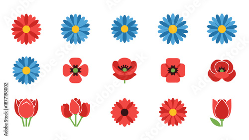 Assorted colorful cartoon flowers including red blooms and blue daisies in a playful floral pattern.