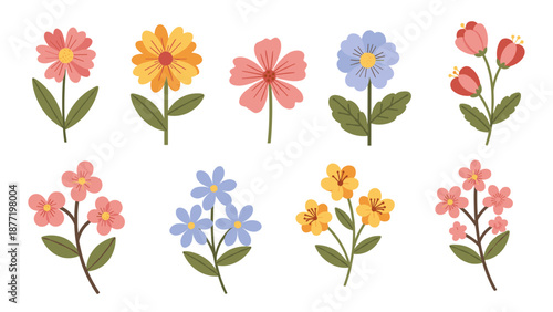 Colorful watercolor illustration of assorted flowers, blossoms, leaves, and stems in a bright garden scene.