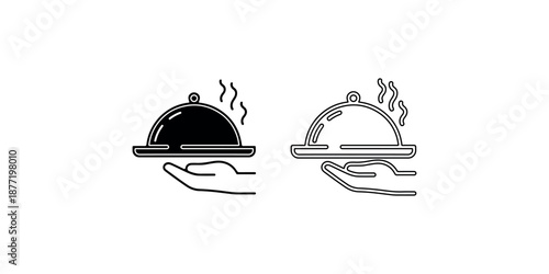 Food serving platter icon set featuring hand holding tray with hot steam for restaurant service catering hospitality and dinner delivery food concepts