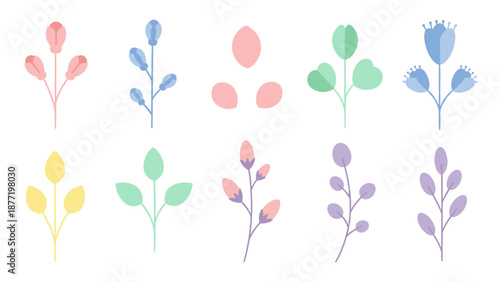 Delicate watercolor illustration of colorful small plants and leaves pattern.