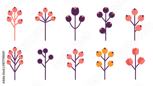 Whimsical colorful botanical twig motifs featuring round blossoms in a repeating floral pattern.