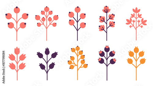 Assorted pastel and vivid stylized plant silhouettes arranged in decorative flower patterns.