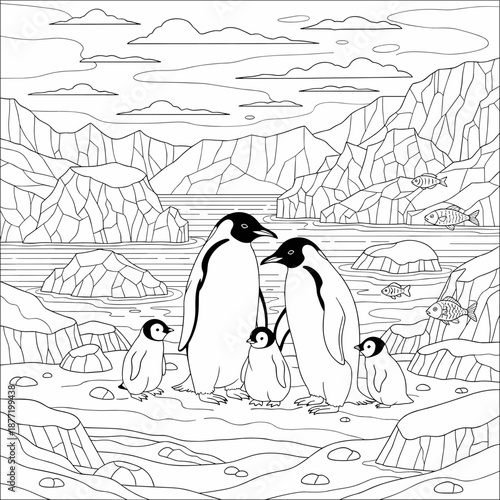 Penguins on beach and desert cartoon illustration