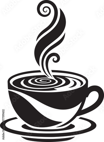 Black coffee cup with swirling steam and concentric circles on saucer