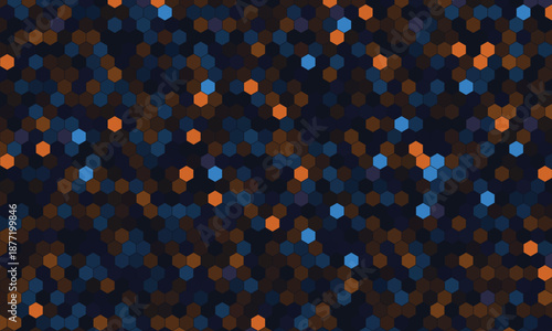 Modern abstract background featuring a mosaic of small orange and blue hexagons perfect for digital design and technology concepts