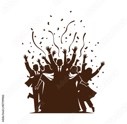 Brown silhouette of a group of people celebrating with confetti and ribbons in the air