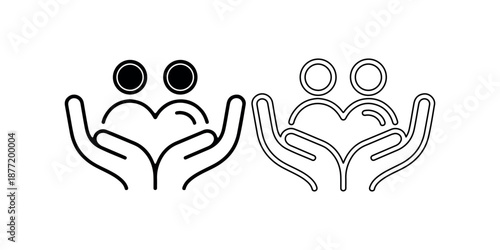 Charity and donation minimal icon set caring hands holding heart and two people vector illustration silhouette and outline versions isolated on white background