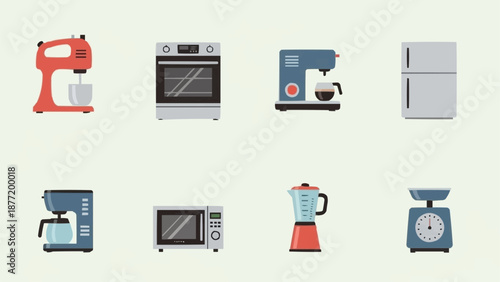 Collection of modern kitchen appliances in flat design style.