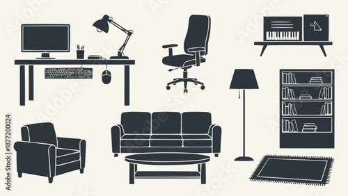 Collection of modern home office and living room furniture silhouettes.