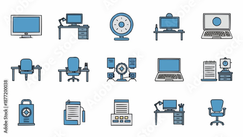 Collection of modern office equipment icons in blue and grey.