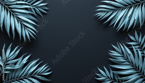 Elegant Tropical Leaves in Soft Blue Color on Dark Background for Creative Design and Nature Themes