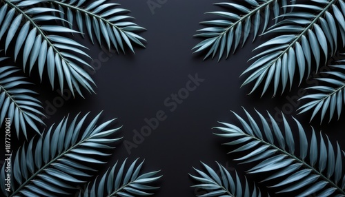 Dark Background with Green Palm Leaves Creating an Elegant Frame for Tropical and Nature Inspired Designs