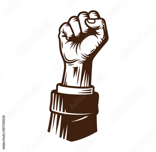 clenched fist with rolled up sleeve raised up in protest or defiance gesture