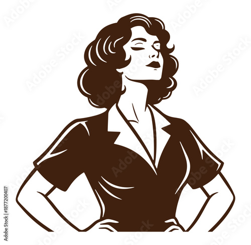 confident woman with hands on hips and closed eyes in vintage style illustration