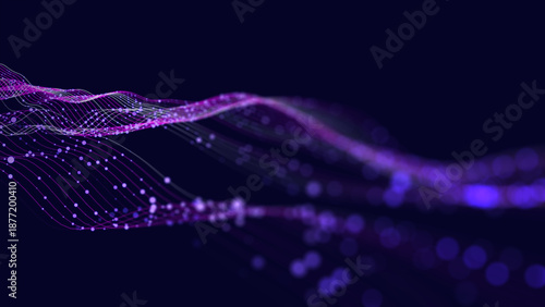Abstract digital data wavy stream quantum computing in dark cyberspace. Tech information transmission.  Closeup. Big data light flow.