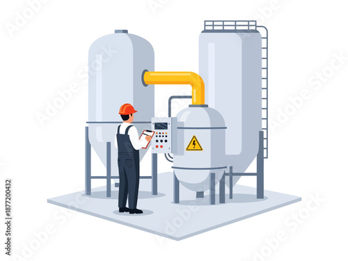 A technician in safety gear inspects an industrial control panel connected to massive storage tanks and a high-voltage processing unit