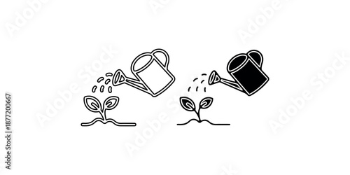 Gardening concept showing small sprout growing from ground being watered by outline and solid black watering can illustration