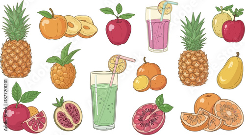 A vibrant collection of fresh fruits and refreshing fruit juices, including pineapples, apples, pomegranates, oranges, and pears, presented as a colorful illustration.