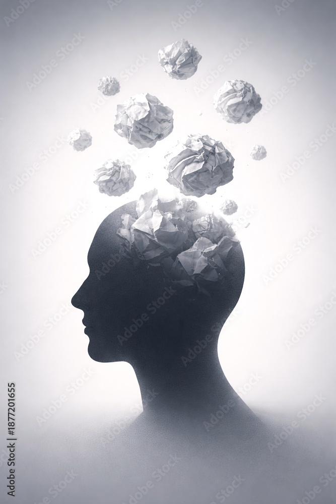 Obraz premium Silhouette of a person with crumpled paper thoughts