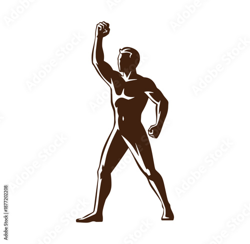 man flexing muscles in strong stance with one arm raised  muscular male figure