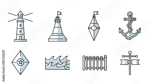 Nautical symbols and icons set including lighthouses and anchors in a simple line art style