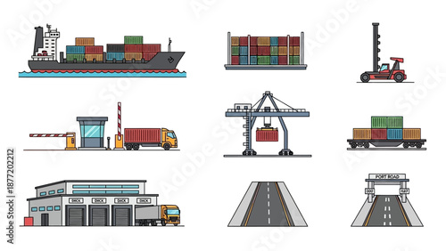 Cargo Ship, Containers, Crane, Truck, and Road Infrastructure in a Busy Logistics Scene