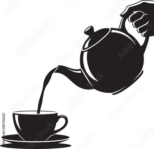 Hand pouring liquid from teapot into cup and saucer