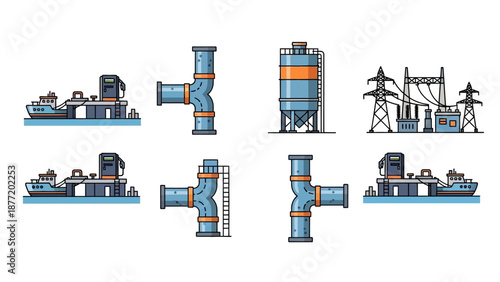 Industrial machinery parts and equipment illustrated in a technical diagram from various viewpoints showcasing complex engineering components