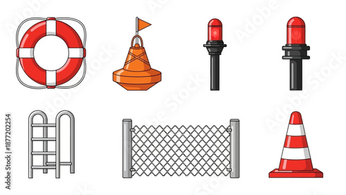 Safety icons collection featuring caution signs, barriers, rescue equipment on a set
