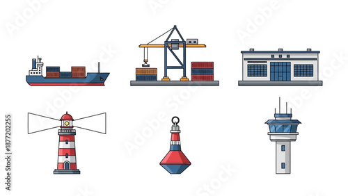 Maritime icons set featuring ship, crane, lighthouse, buoy, and navigation tower