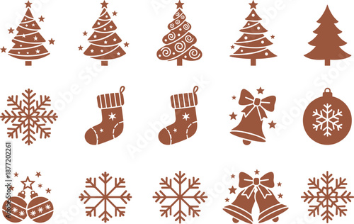 Brown Christmas icon set featuring Christmas trees snowflakes stockings bells and ornaments for winter holiday celebration and decoration.