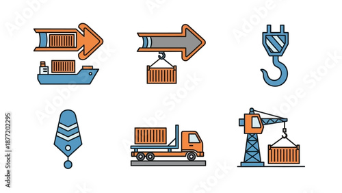 Logistics icons depicting transportation and handling of cargo containers by ship, truck, and crane from various viewpoints