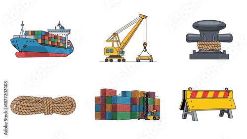 Cargo ship, crane, and cargo containers in a dockyard setting viewed from above