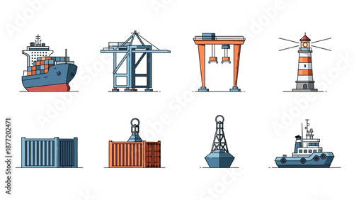 Cargo ship, crane, and containers at a busy port with a lighthouse in the background