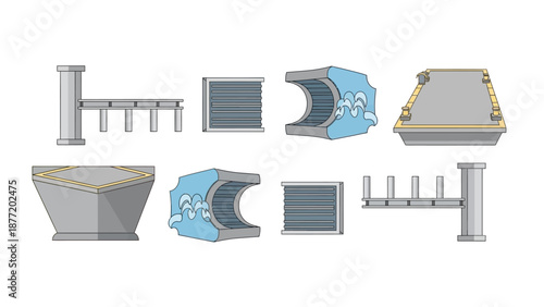 Industrial components and machinery parts assembly illustration showcasing mechanical engineering and manufacturing elements from multiple viewpoints