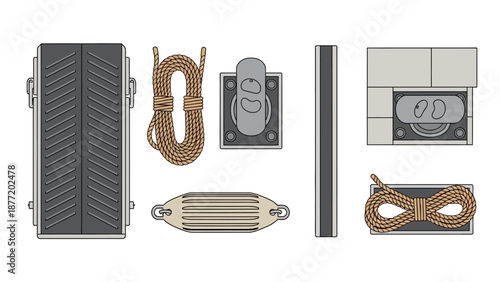 Various nautical equipment items displayed together on a neutral background from a straight-on viewpoint