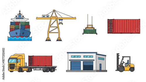 Logistics and transportation scene featuring cargo ship, crane, containers, truck, and warehouse in industrial setting from aerial viewpoint