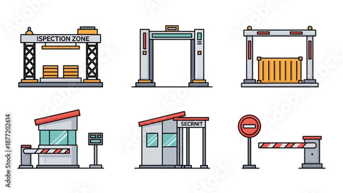 Collection of cartoon barriers and entrance gates at security checkpoints in various settings from different viewpoints