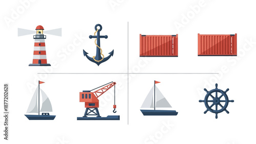 Nautical elements collage featuring lighthouse, anchor, ships, and cargo containers in a graphic illustration