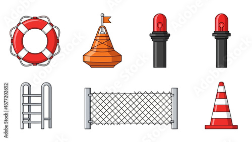 Collection of safety equipment icons including life ring, warning cone, and fence displayed together