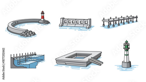 Illustrations of lighthouses and coastal structures from various viewpoints showcasing architecture and navigation elements
