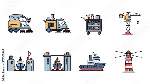Industrial machinery and maritime vessels illustrated in a graphic style from a straightforward viewpoint