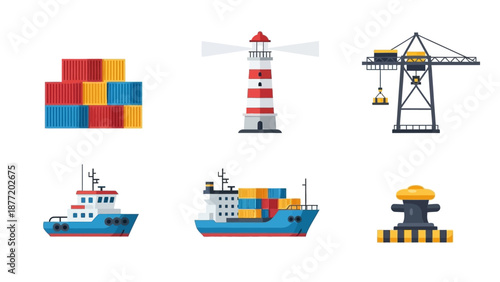 Maritime icons collection featuring ships, cranes, lighthouses, and containers in a digital illustration