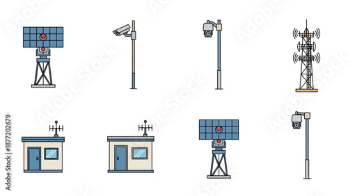 Various telecommunications towers and equipment illustrated in a graphic style from a straightforward viewpoint