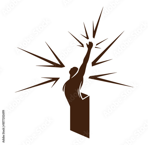 man in brown silhouette with fist raised in triumph or protest with rays around him