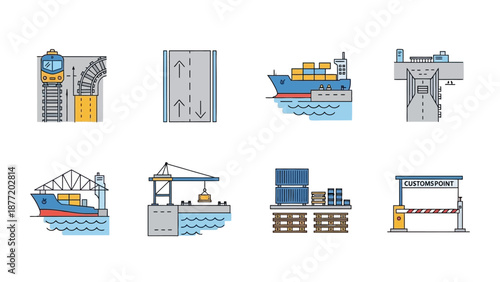 Cargo ships and industrial equipment at a busy commercial dock from an aerial viewpoint